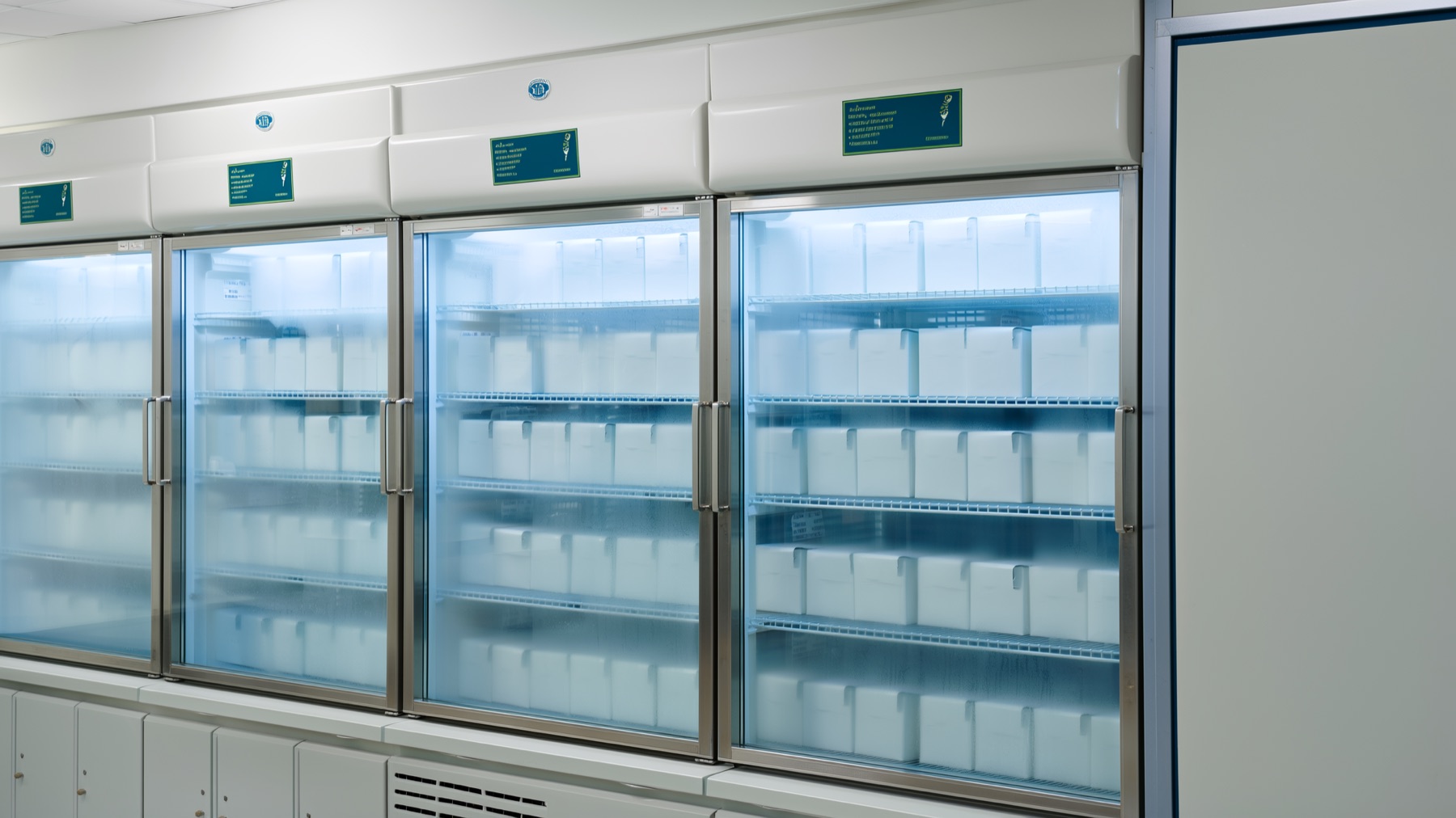 Glass-door laboratory refrigerators holding sealed white cartons